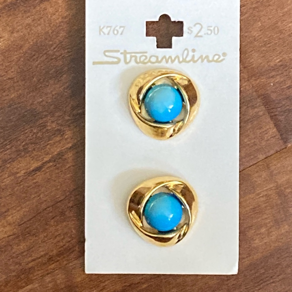 Vintage Streamline Turquoise and Gold Dome Button Set of 2